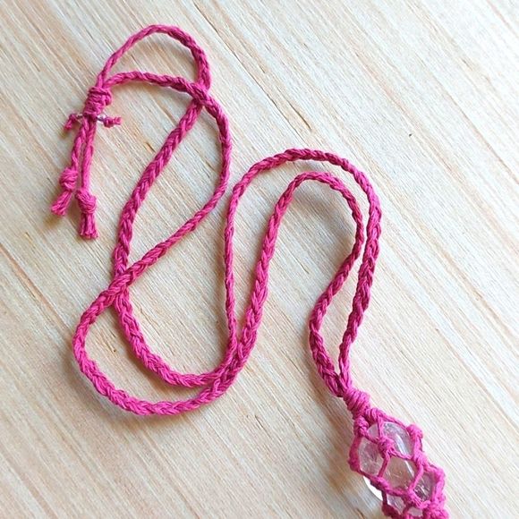 Macrame, Quartz Pink Hemp Necklace Handcrafted - Picture 6 of 13
